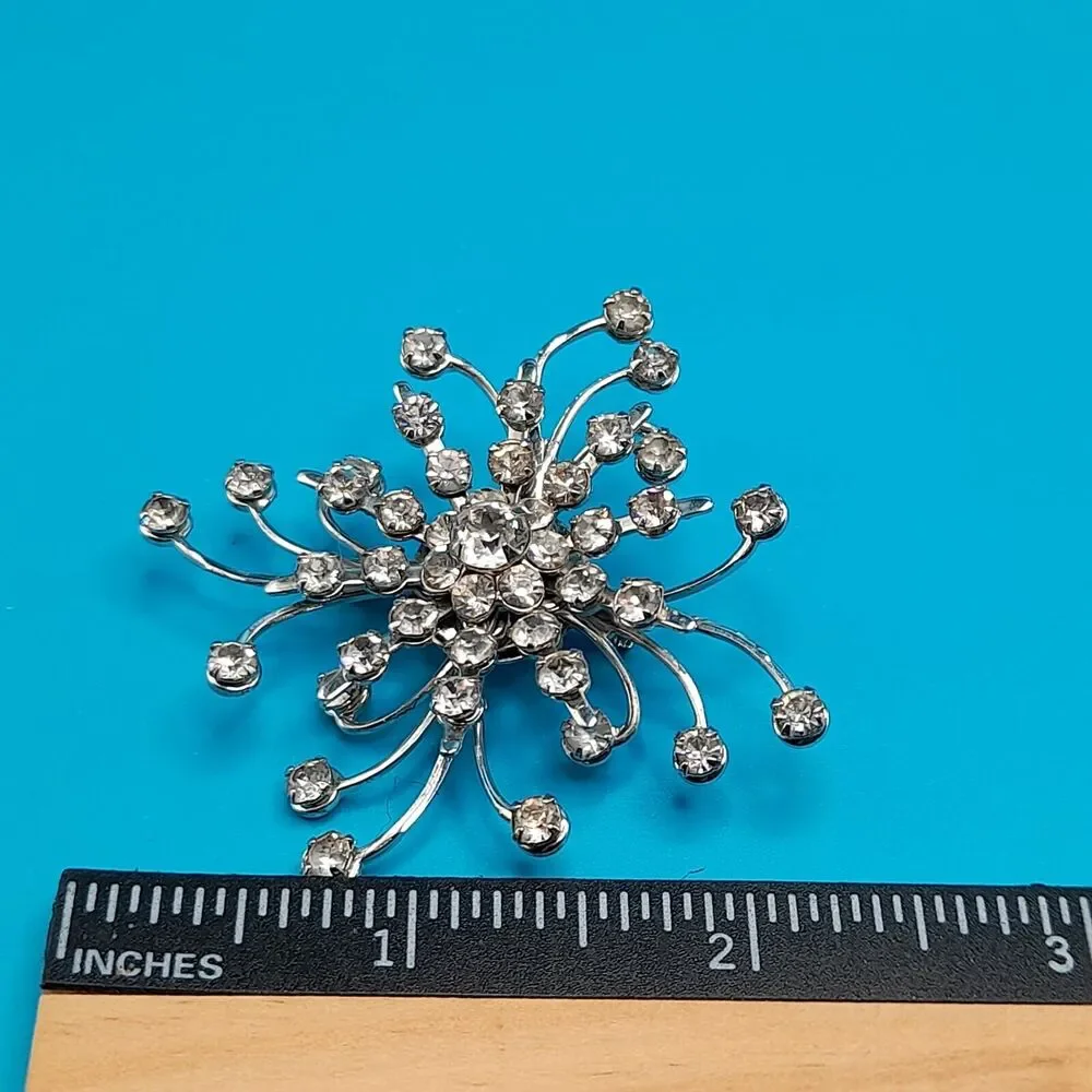 Vintage Rhinestone Starburst Brooch Silver Tone Bridal Pin 2.5”